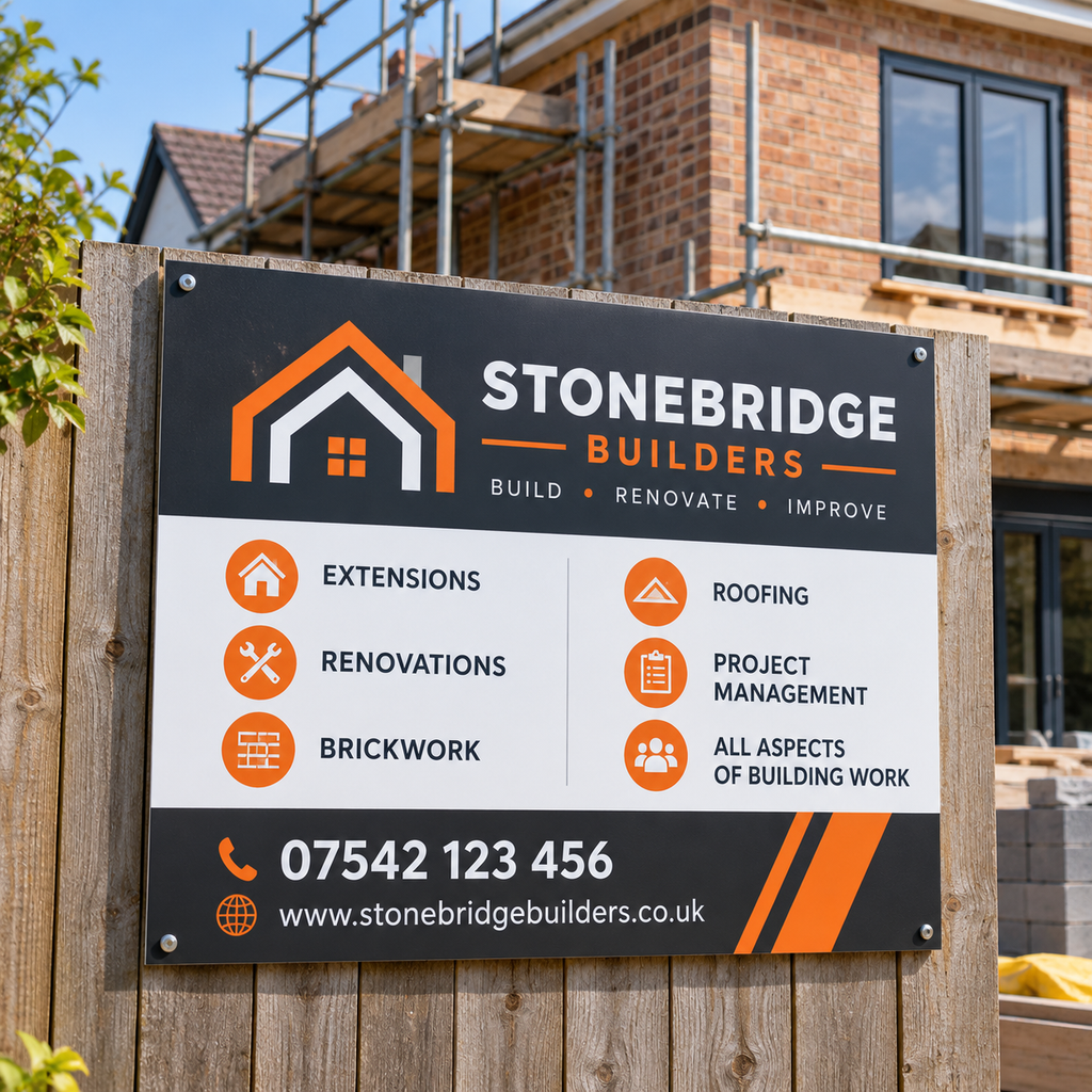 Stonebridge Builders site board mounted on timber fencing beside a residential building project