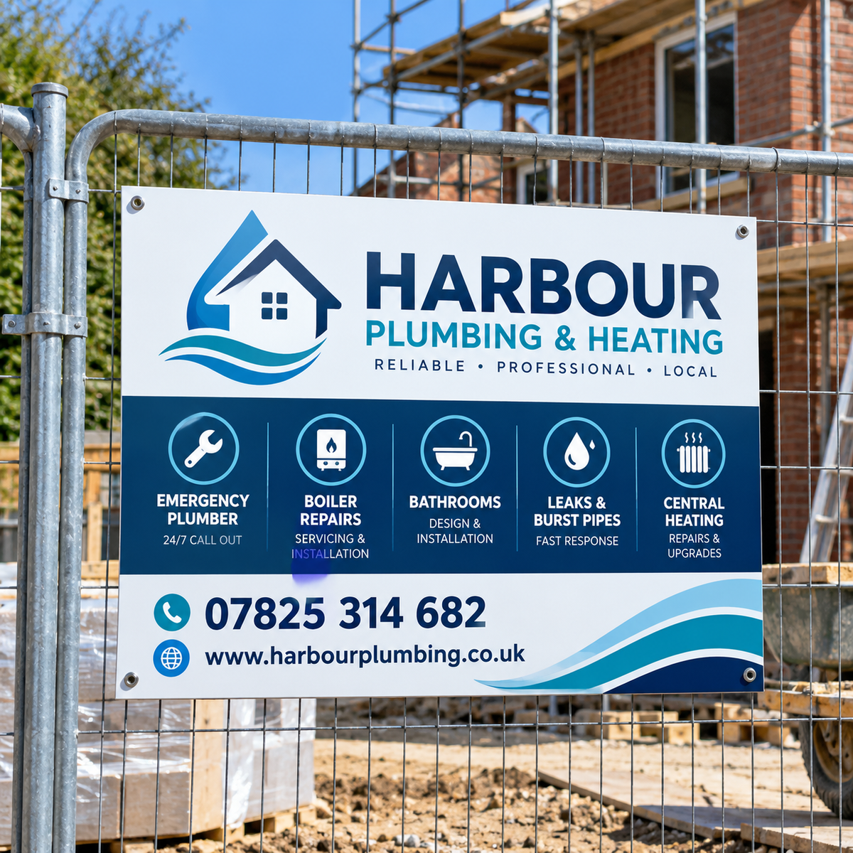 Harbour Plumbing & Heating site board mounted on temporary construction fencing