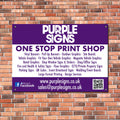 Custom printed Purple Signs site board mounted on a brick wall