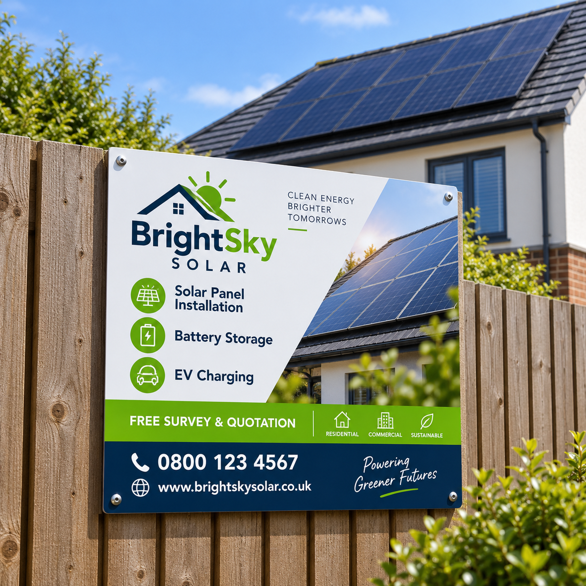 BrightSky Solar site board mounted on a wooden fence in front of a home with solar panels