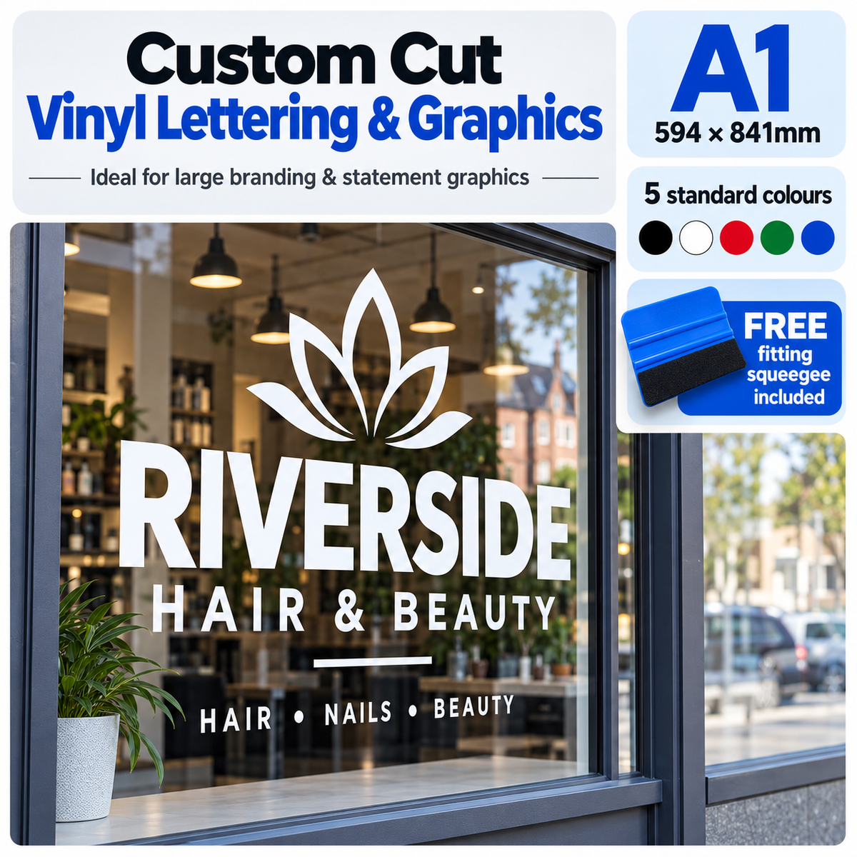 A1 custom cut vinyl lettering and graphics on a large business window with free fitting squeegee