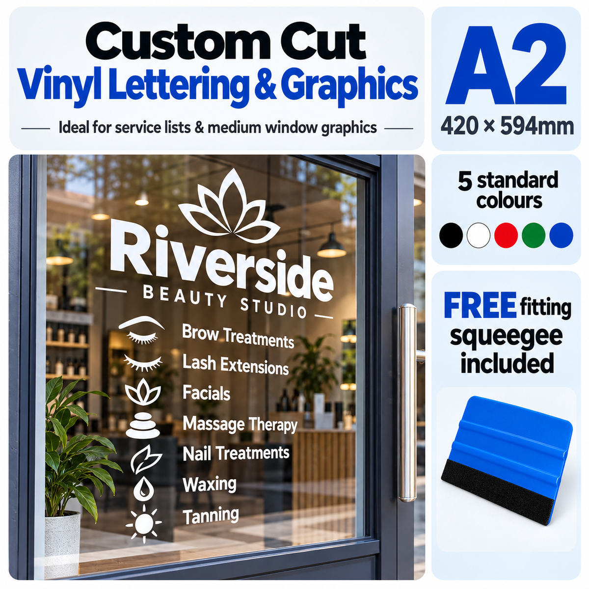 A2 custom cut vinyl lettering and graphics on a business window with free fitting squeegee