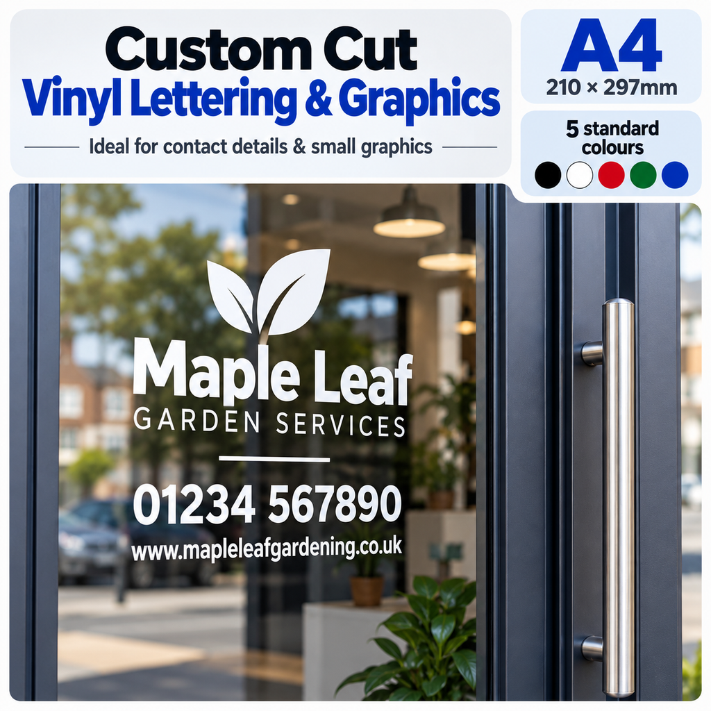 A4 custom cut vinyl lettering and graphics on a business window