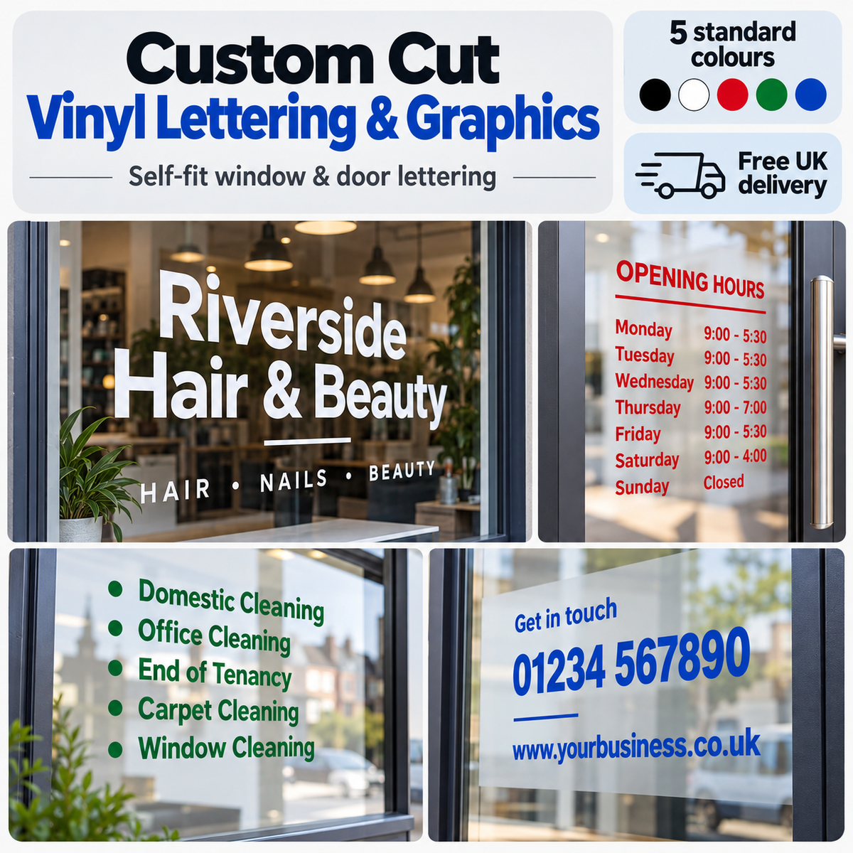 Custom cut vinyl lettering and graphics for business windows and doors