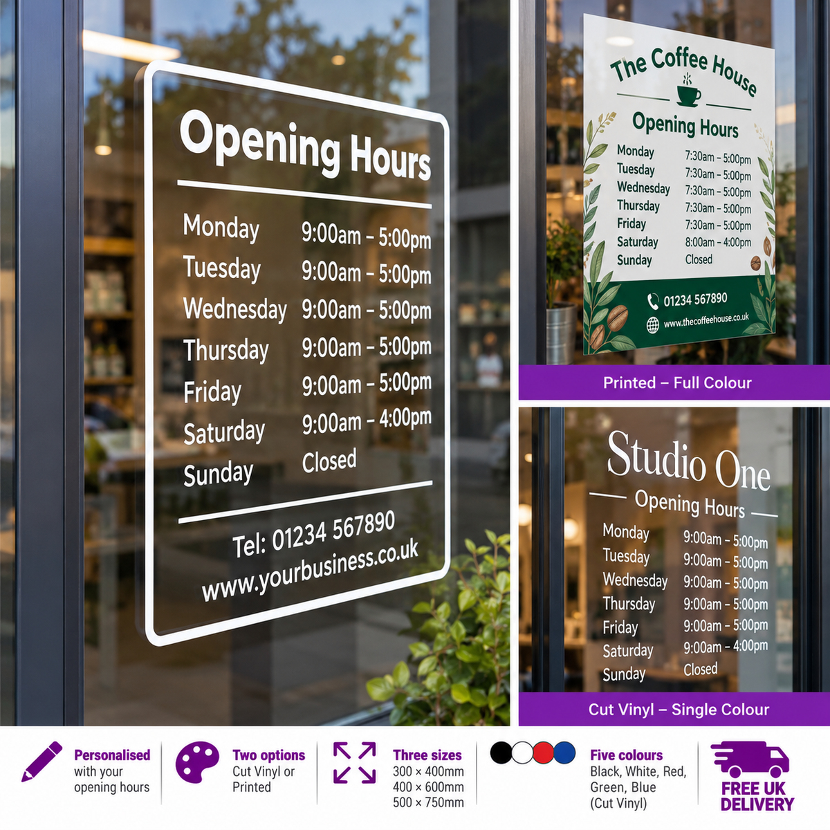 Custom opening hours window graphics showing cut vinyl and full colour printed options