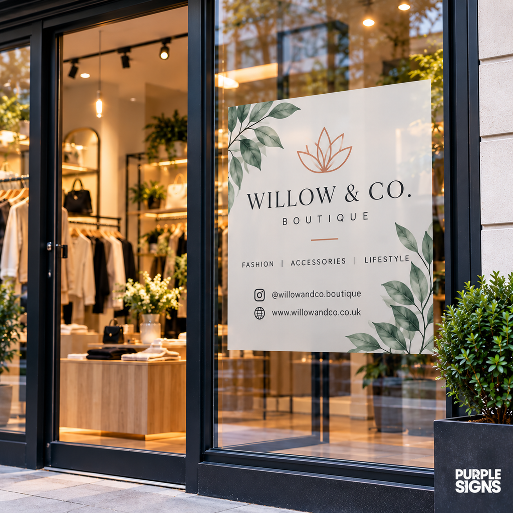 Custom printed boutique branding graphic applied to part of a shop window