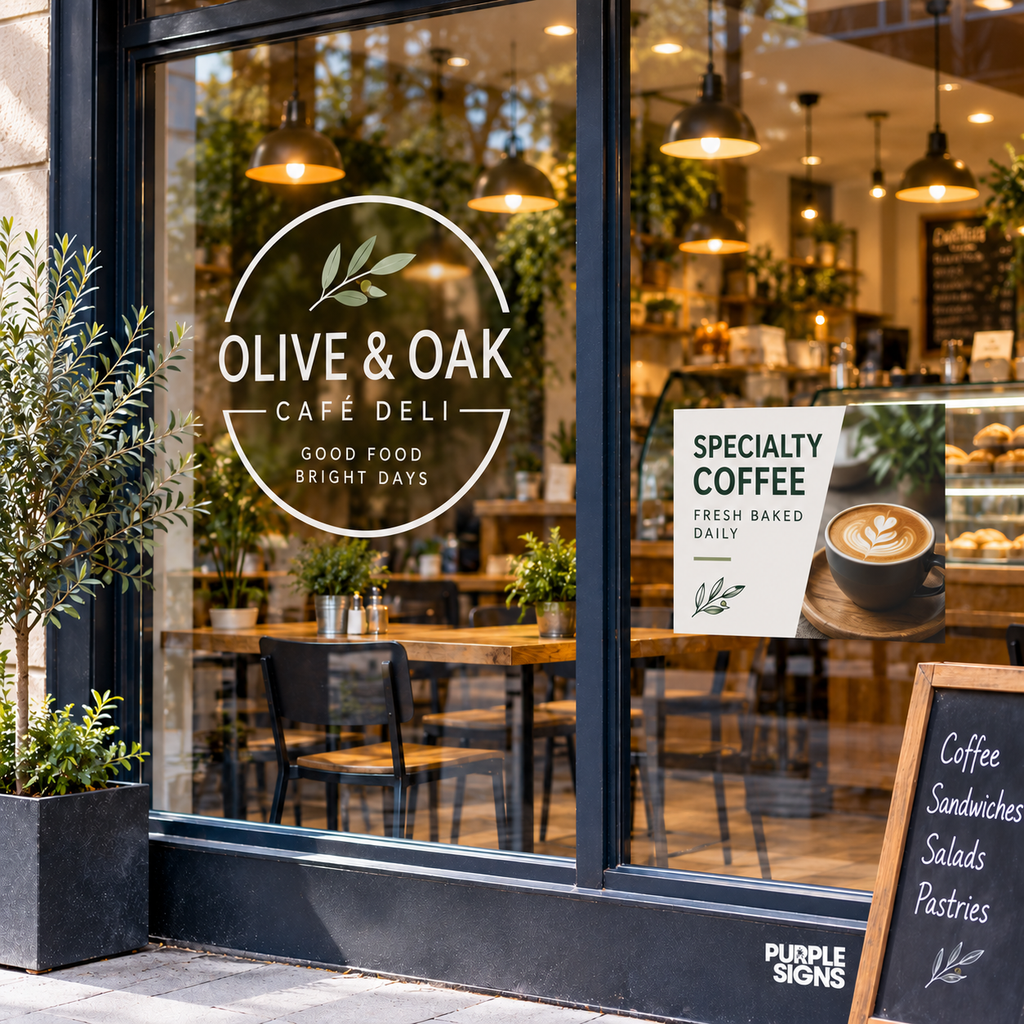 Custom printed café promotional graphic displayed on part of a shopfront window