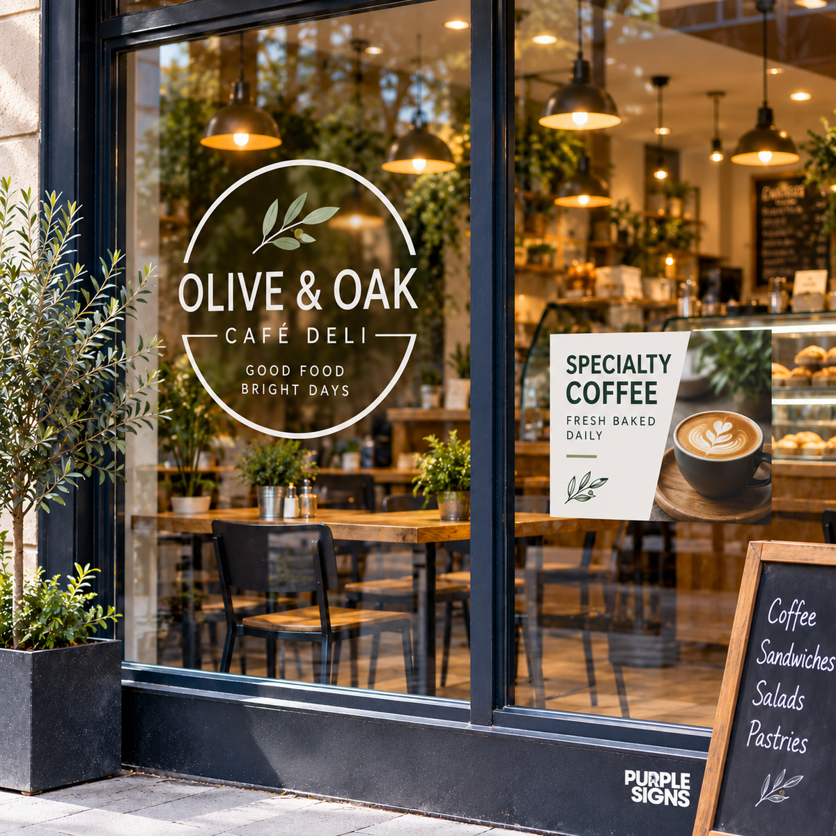 Custom printed café promotional graphic displayed on part of a shopfront window