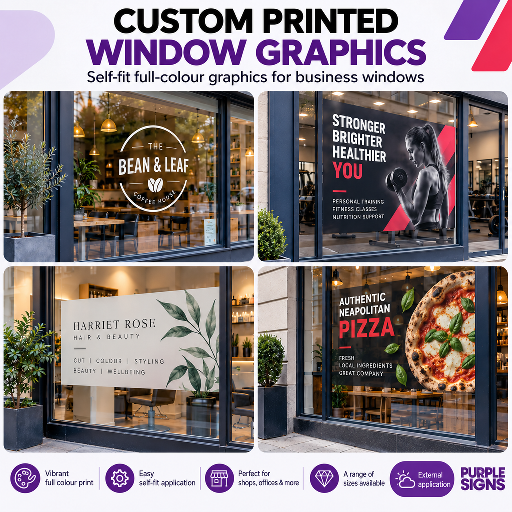 Custom Printed Window Graphics overview showing realistic full-colour business window graphics for external application