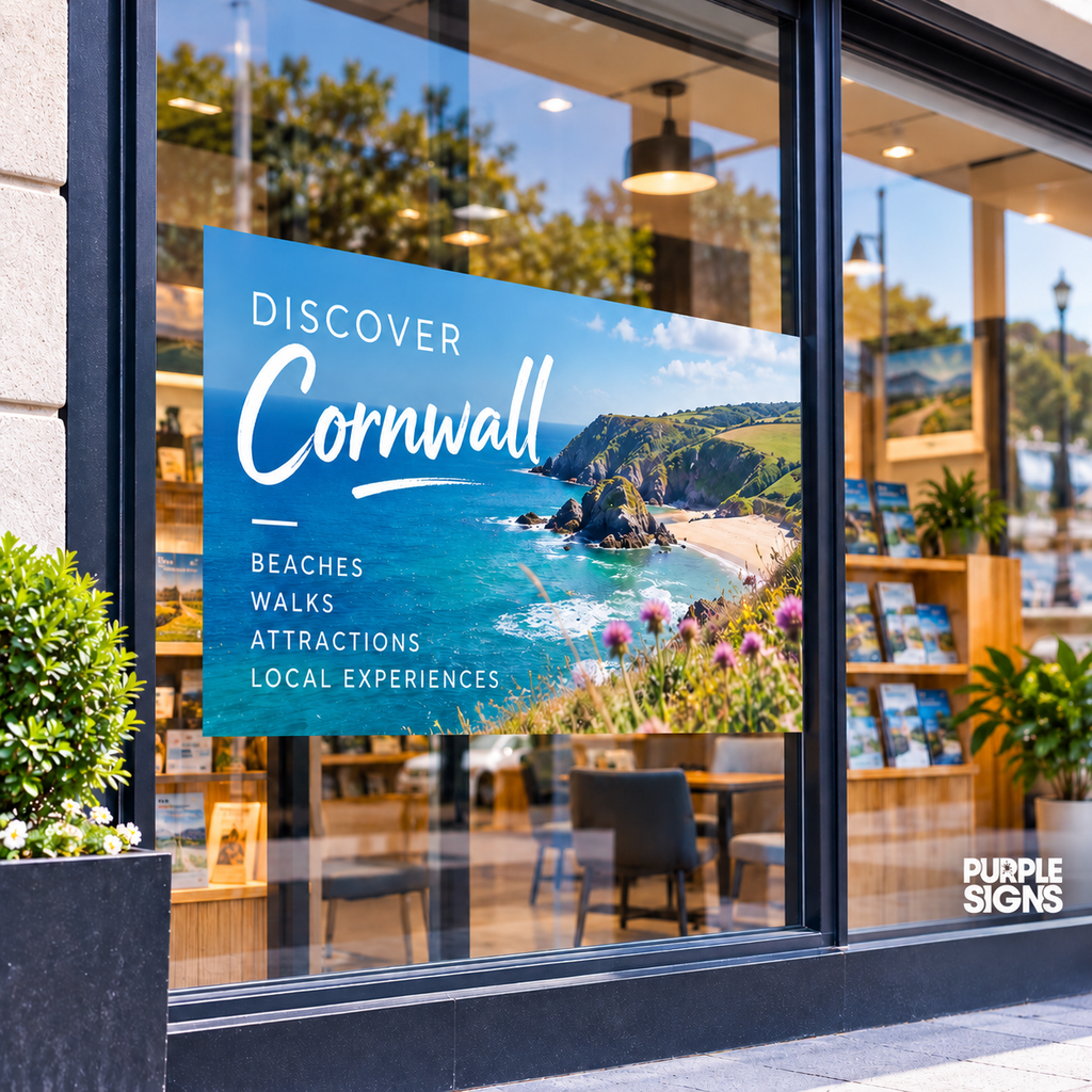Custom printed photographic window graphic showing a Cornwall promotional design on part of a business window