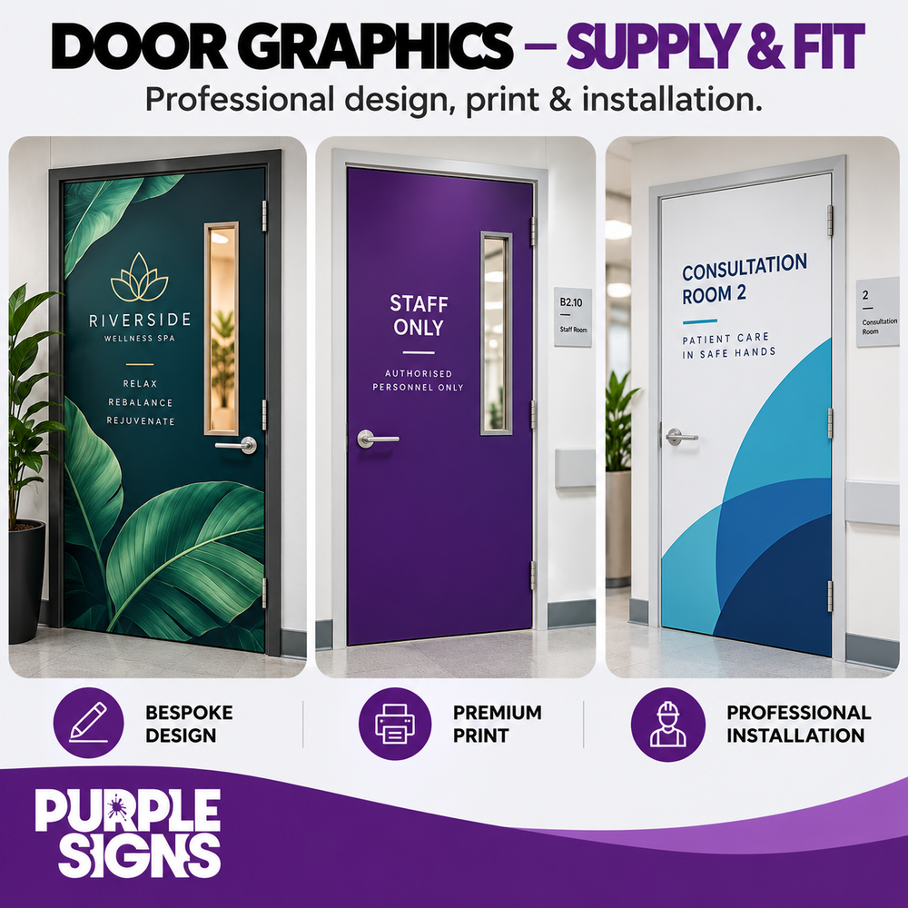 Door Graphics Supply and Fit showing professionally installed branded and solid-colour door graphics