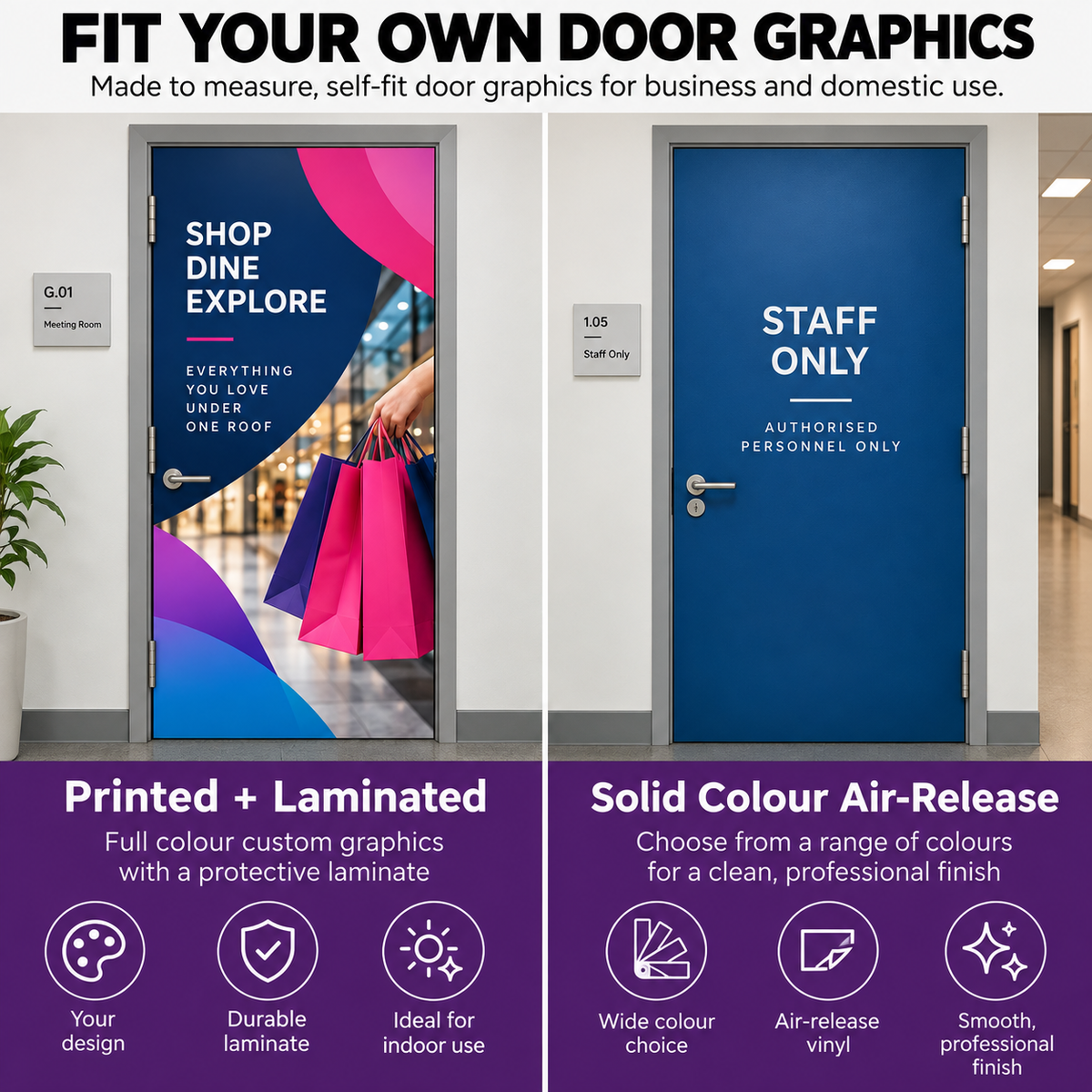 Fit Your Own Door Graphics showing printed and laminated and solid colour air-release options on flat commercial doors