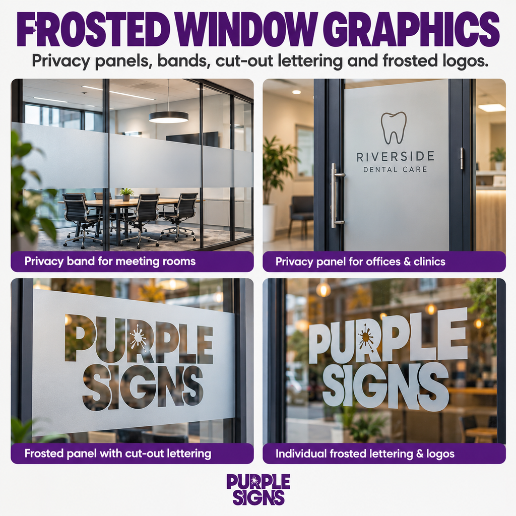 Frosted Window Graphics overview showing privacy band, privacy panel, cut-out lettering and frosted lettering examples