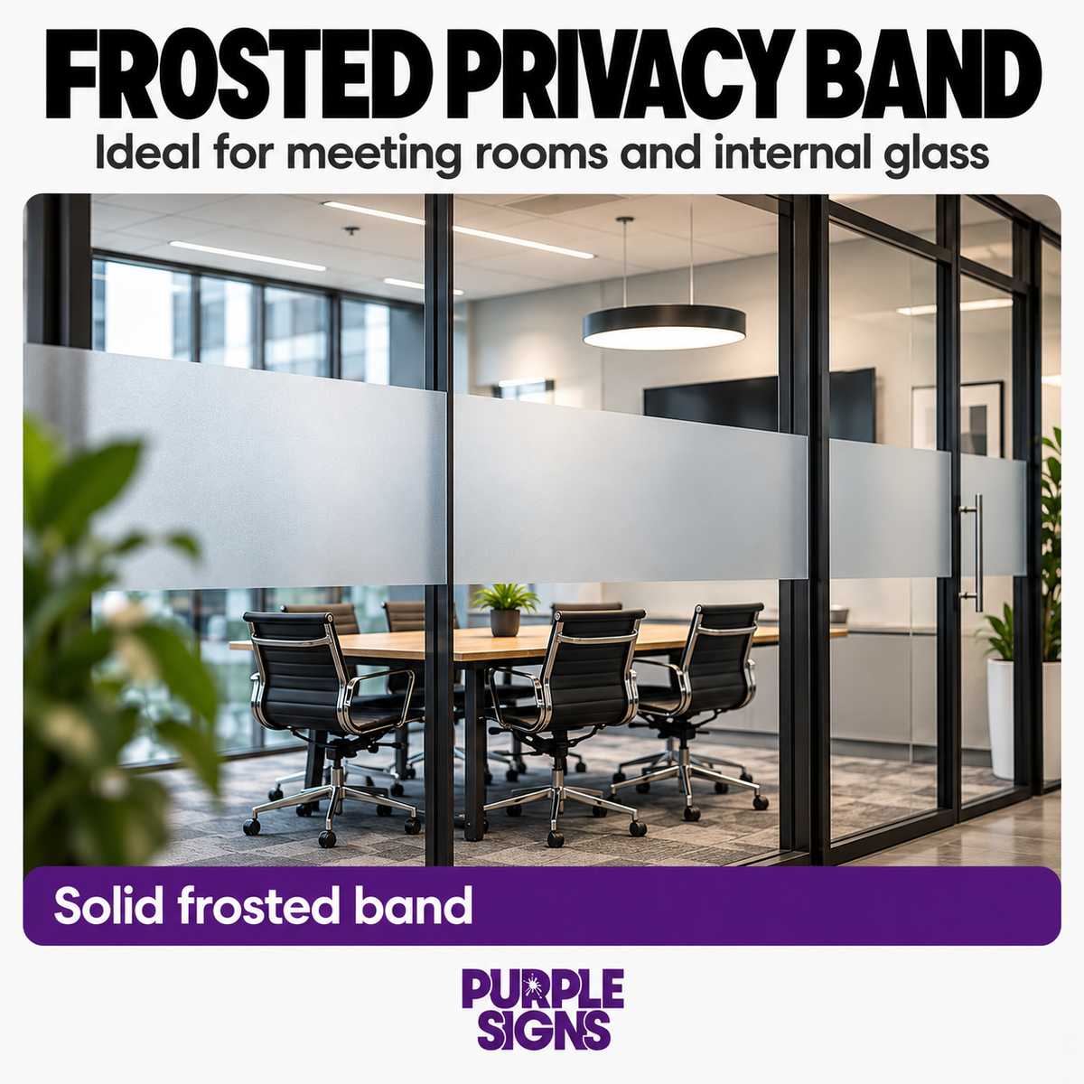 Frosted privacy band applied across meeting room glass in a modern office