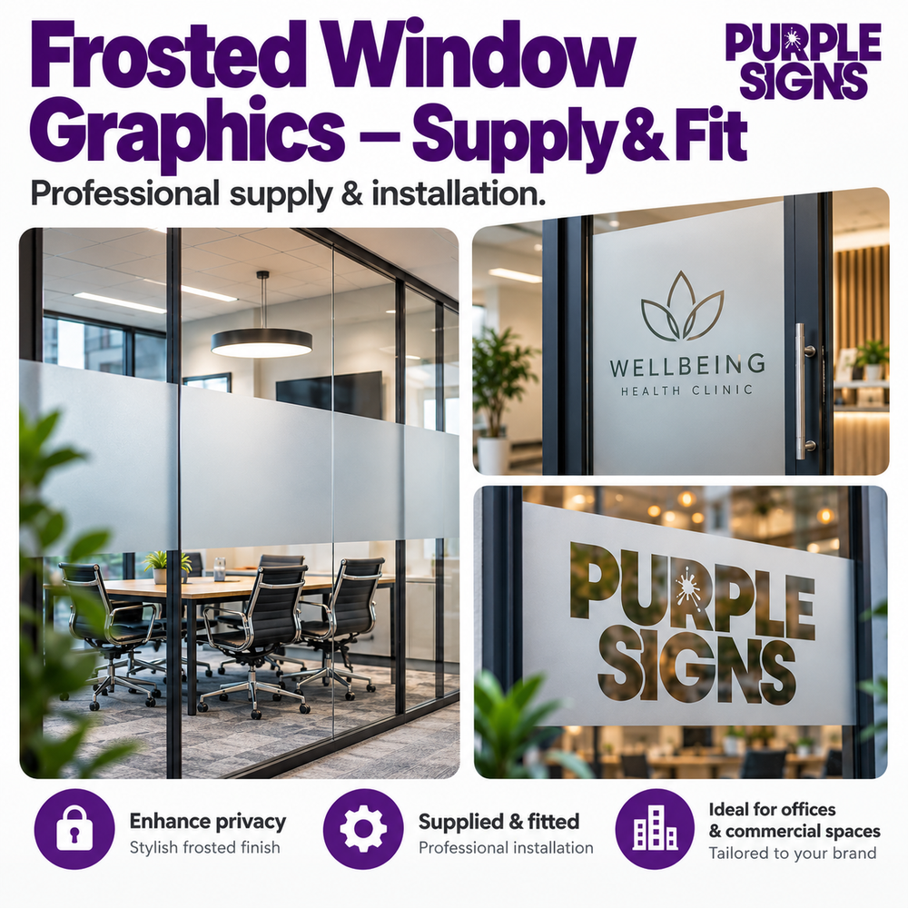 Frosted Window Graphics Supply and Fit showing privacy bands, branded frosting and professional installation examples