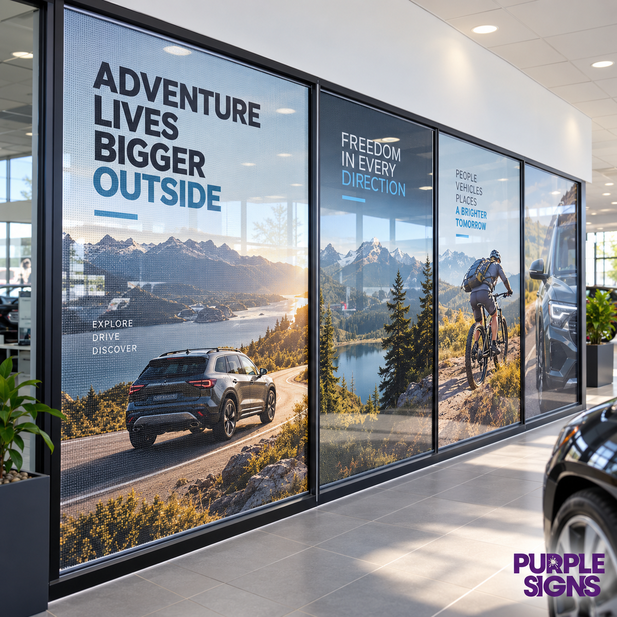 One-way vision window graphics across multiple showroom glass panels with automotive and outdoor imagery