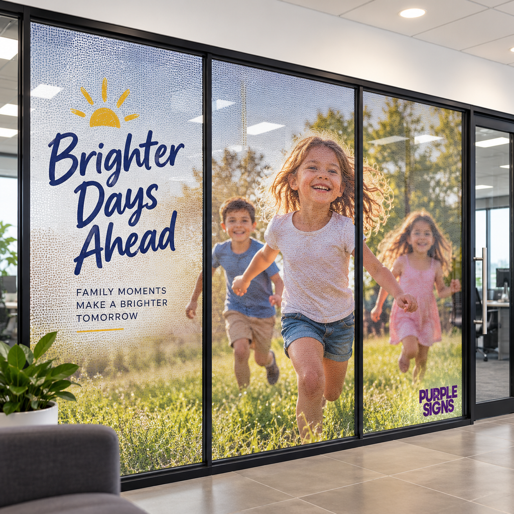 One-way vision promotional window graphic with family lifestyle imagery on business glass