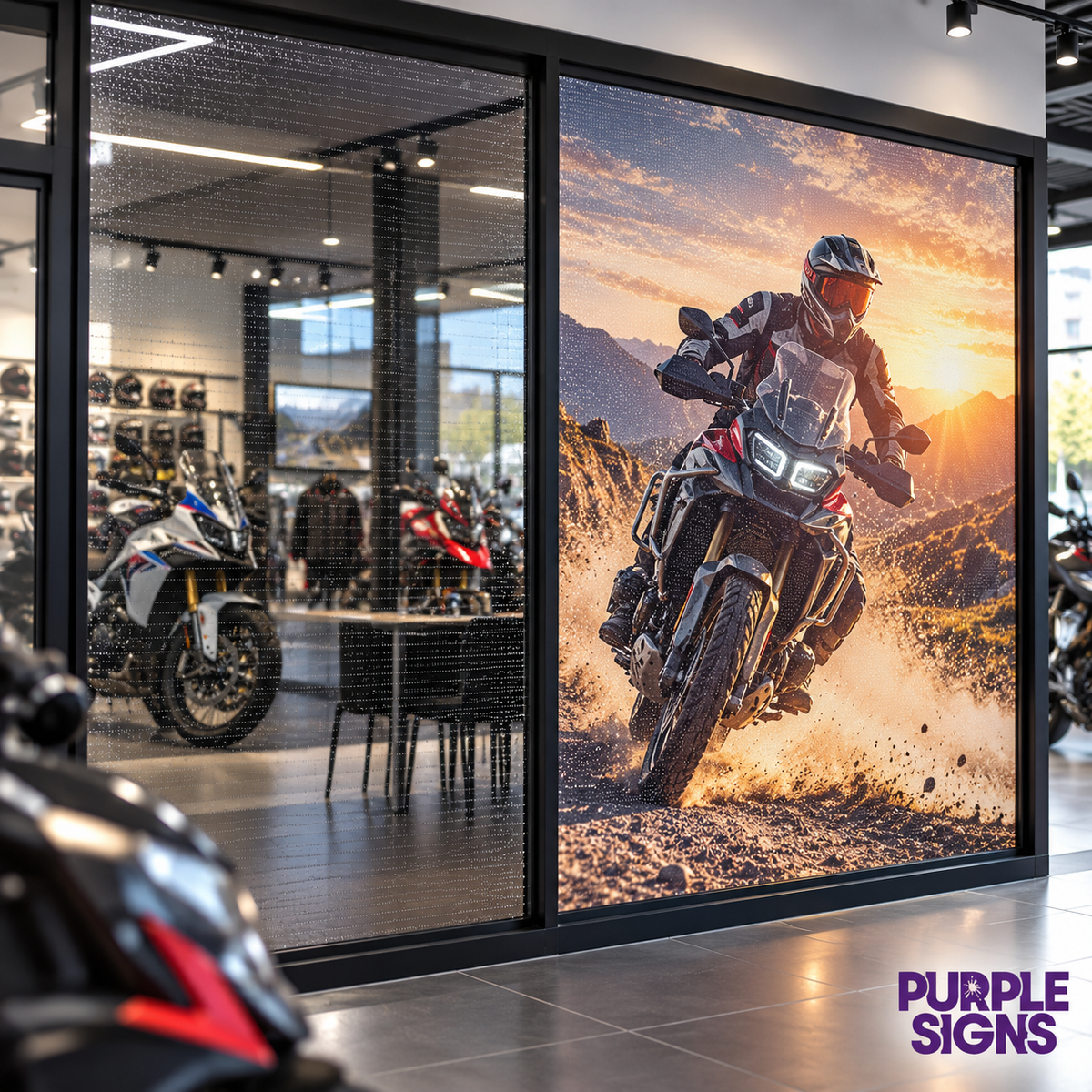 One-way vision perforated window graphic showing a motorcycle promotion on showroom glass