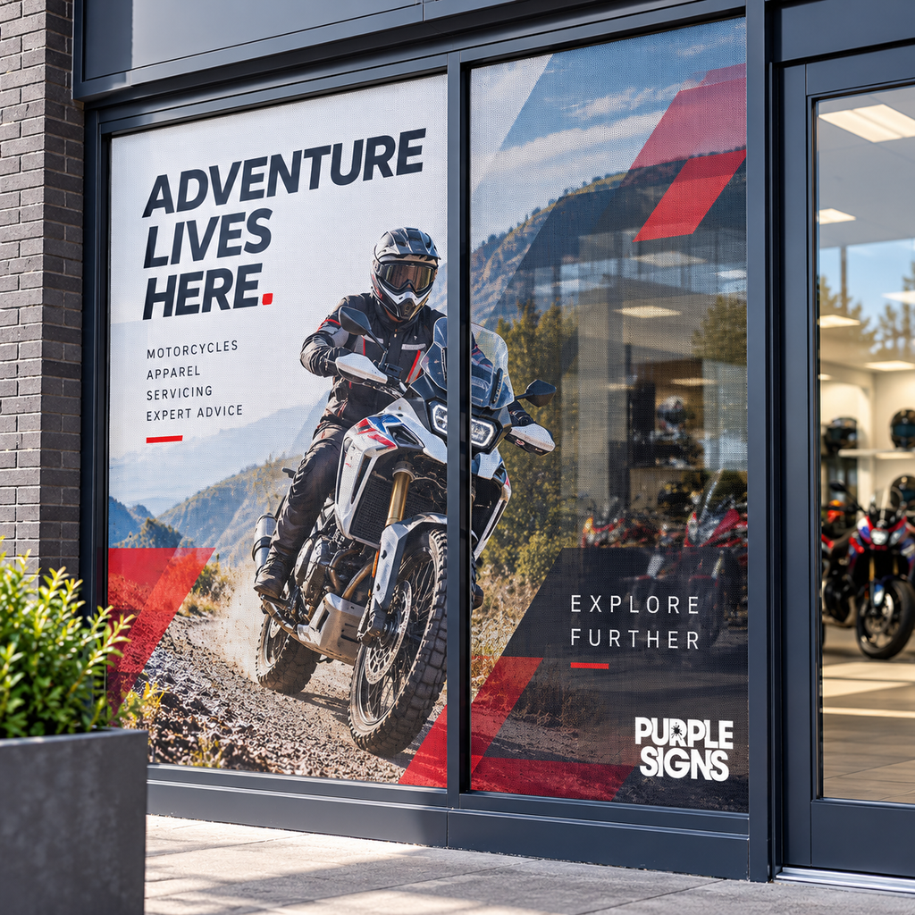 One-way vision motorcycle storefront graphic applied to external business window glass