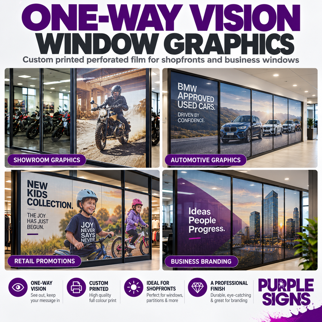 One-Way Vision Window Graphics overview showing custom perforated graphics for showrooms, retail promotions and business branding