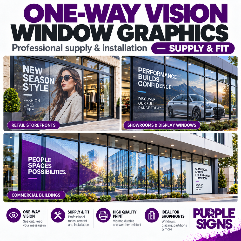 One-Way Vision Window Graphics Supply and Fit showing professionally installed perforated graphics on retail and commercial glazing