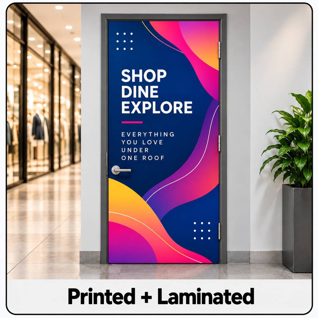 Printed and laminated made-to-measure self-fit door graphic on a flat retail door