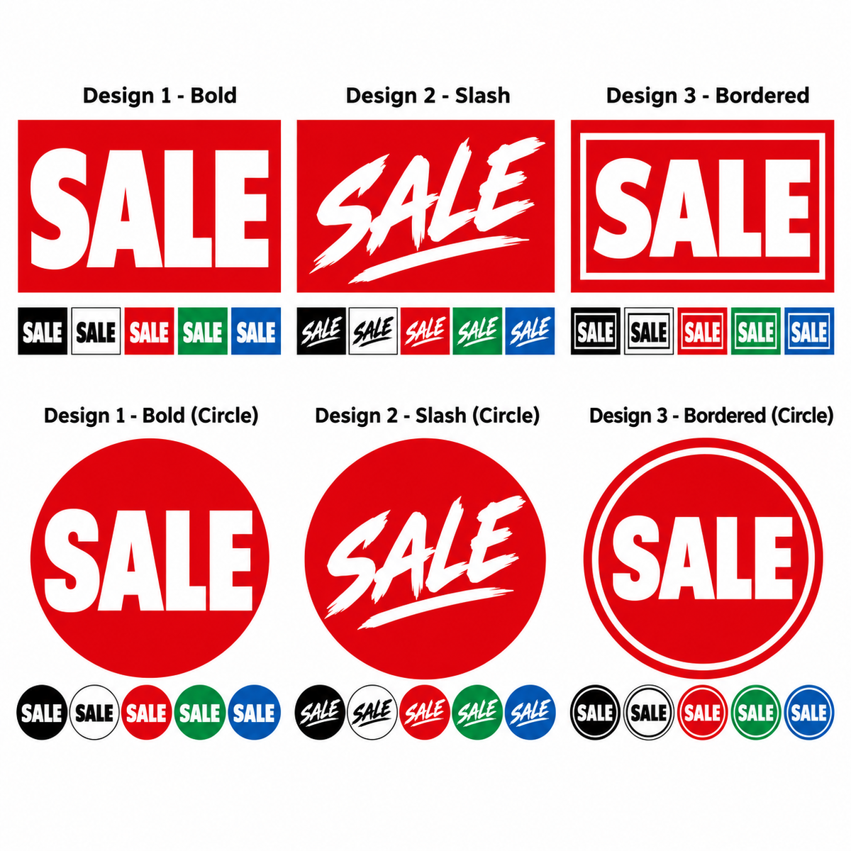 Purple Signs SALE window graphics showing bold, slash and bordered rectangular and circular design options in black, white, red, green and blue