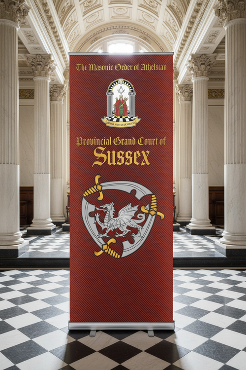 Roll-up banner mockup in Masonic temple