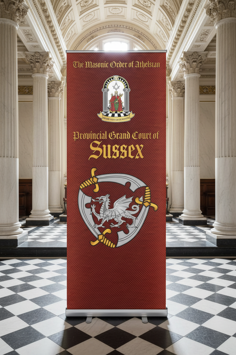 Roll-up banner mockup in Masonic temple