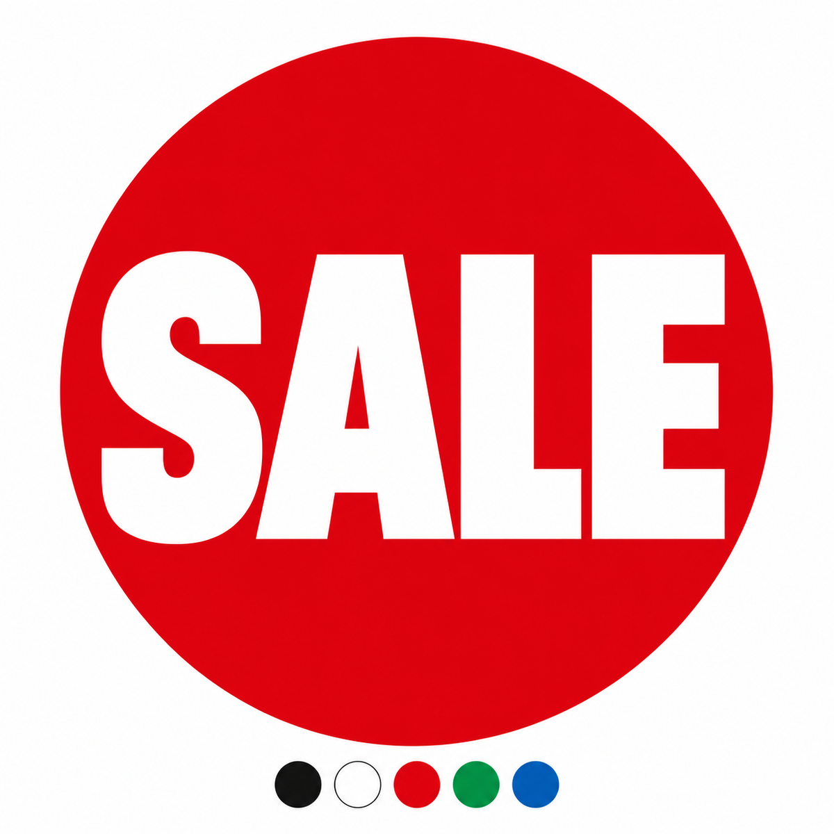 Bold circular SALE window graphic design with black, white, red, green and blue colour options
