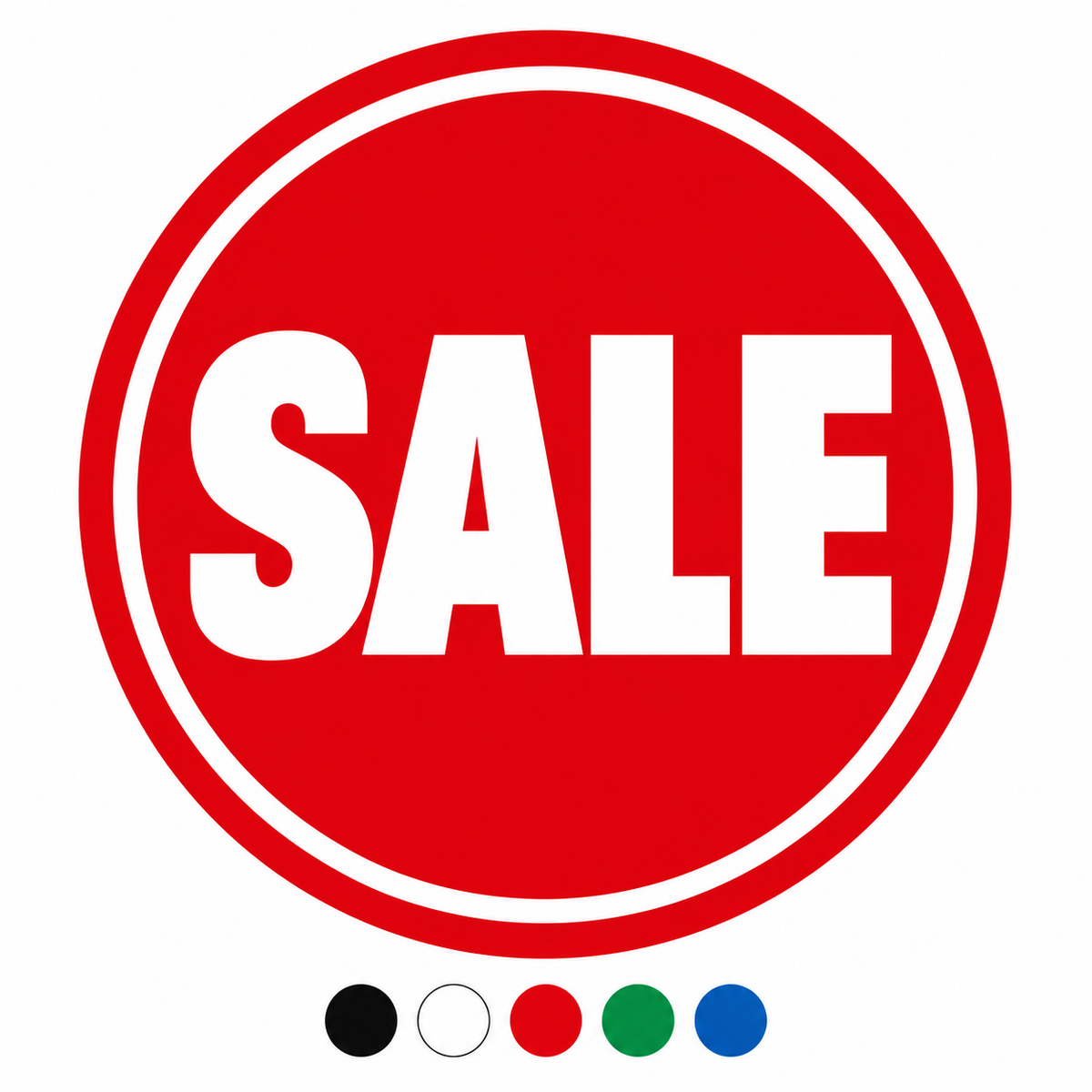 Bordered circular SALE window graphic design with black, white, red, green and blue colour options