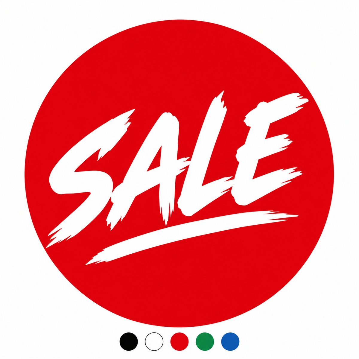 Slash-style circular SALE window graphic design with black, white, red, green and blue colour options