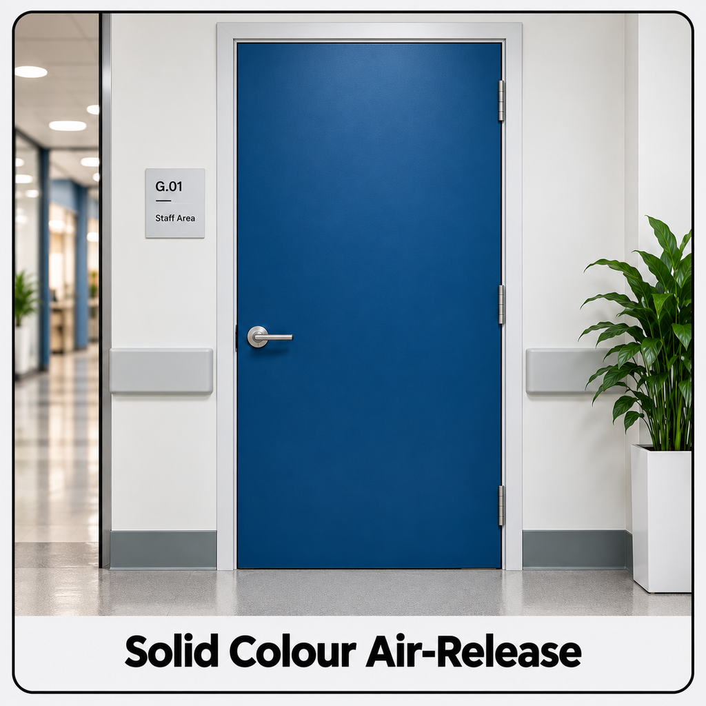 Solid colour air-release self-fit door covering on a flat commercial door