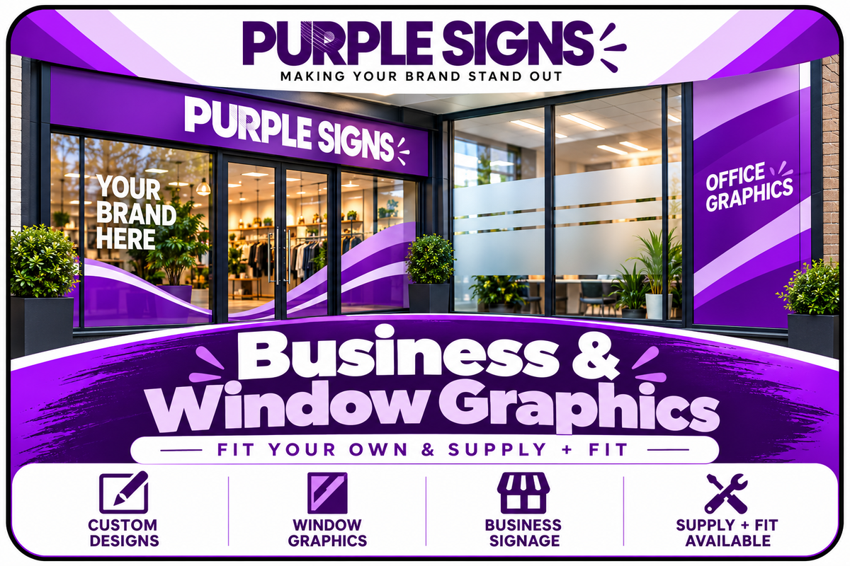 Purple Signs business and window graphics showing shopfront, frosted window graphics and business signage