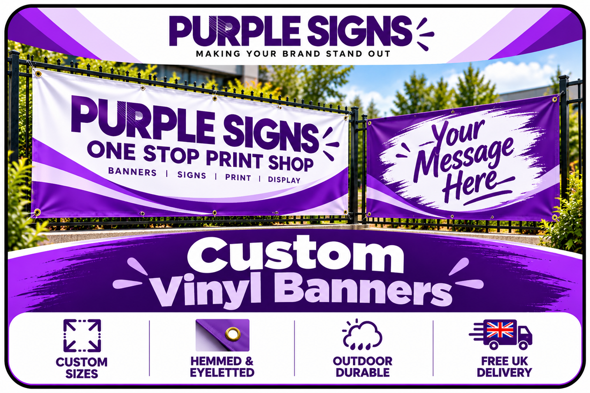 Purple Signs custom vinyl banners graphic showing printed outdoor banners