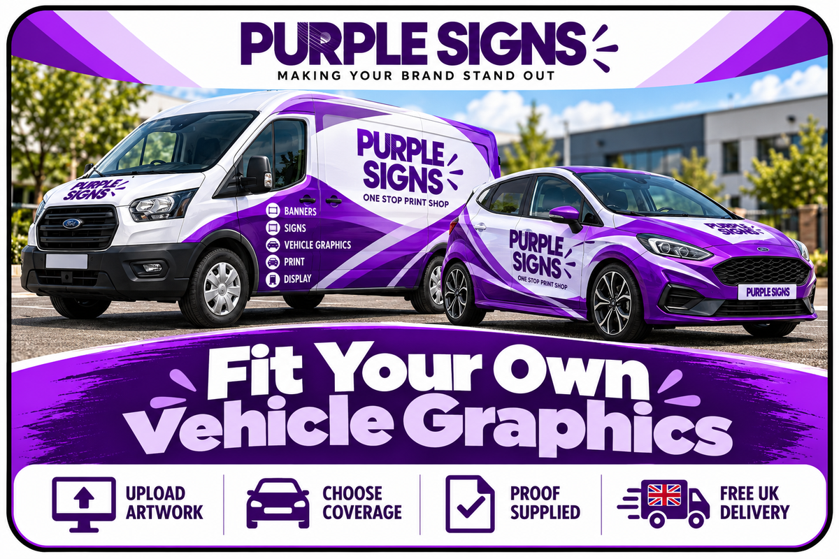 Purple Signs fit your own vehicle graphics showing self-fit graphics for vans and cars