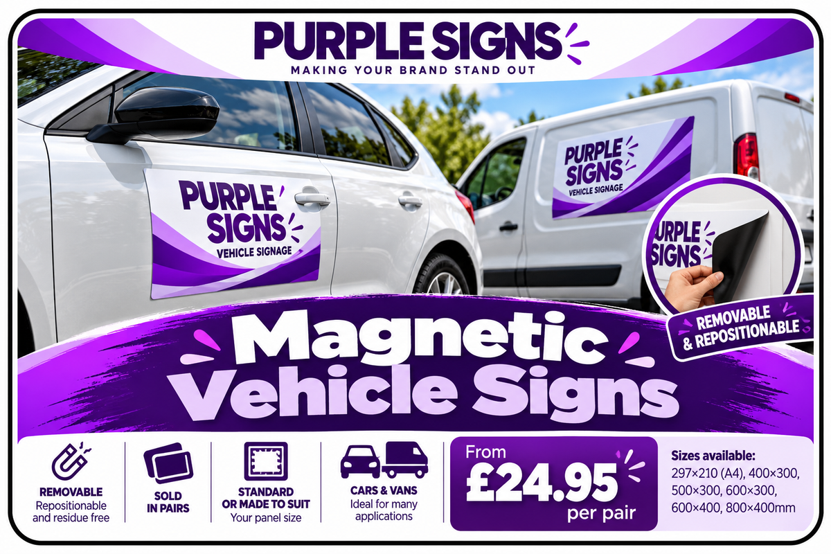 Purple Signs magnetic vehicle signs showing removable magnetic panels for cars and vans