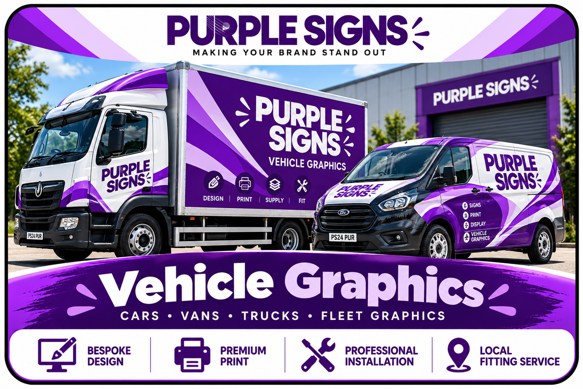 Purple Signs professional vehicle graphics showing branded commercial vehicles
