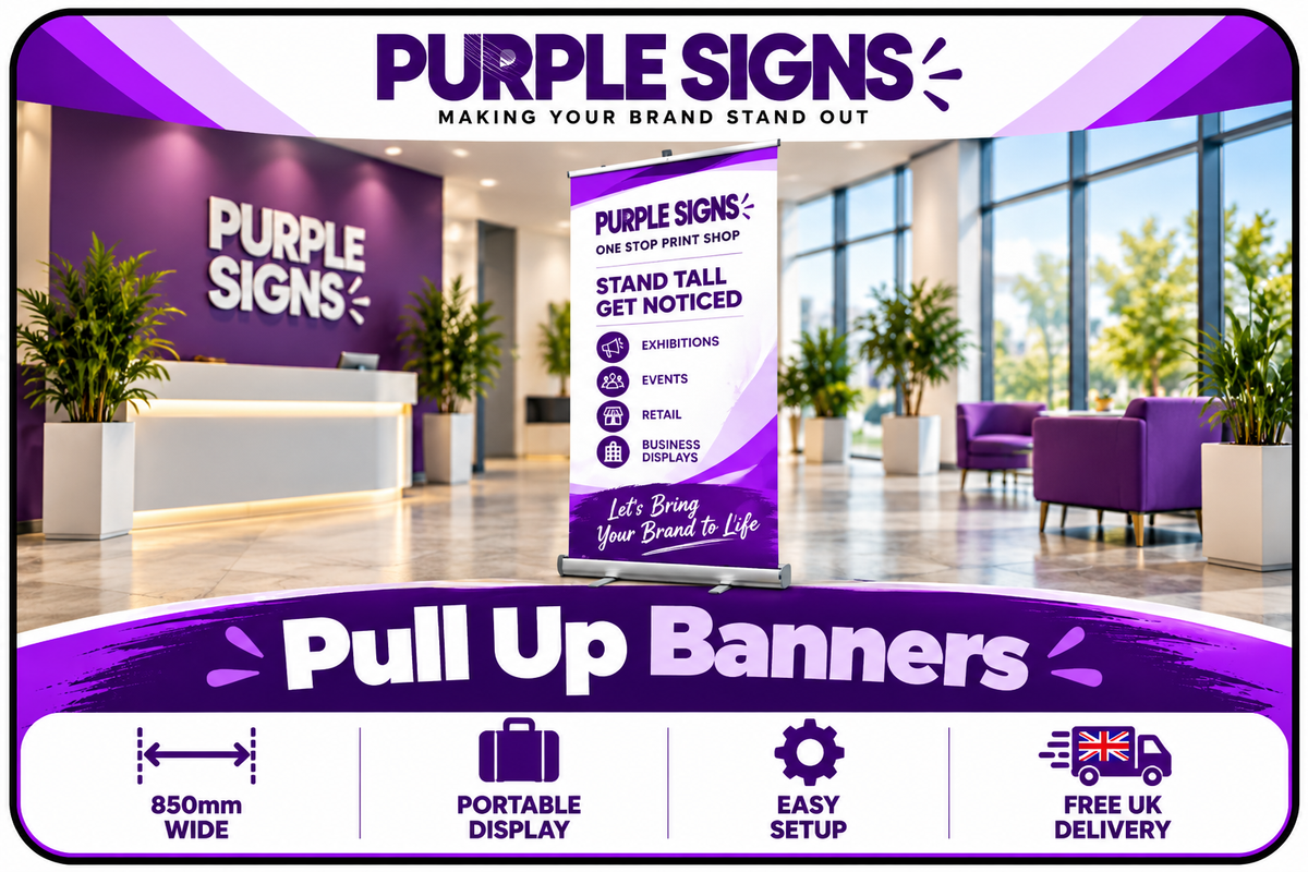 Purple Signs pull up banner graphic showing a portable printed exhibition display