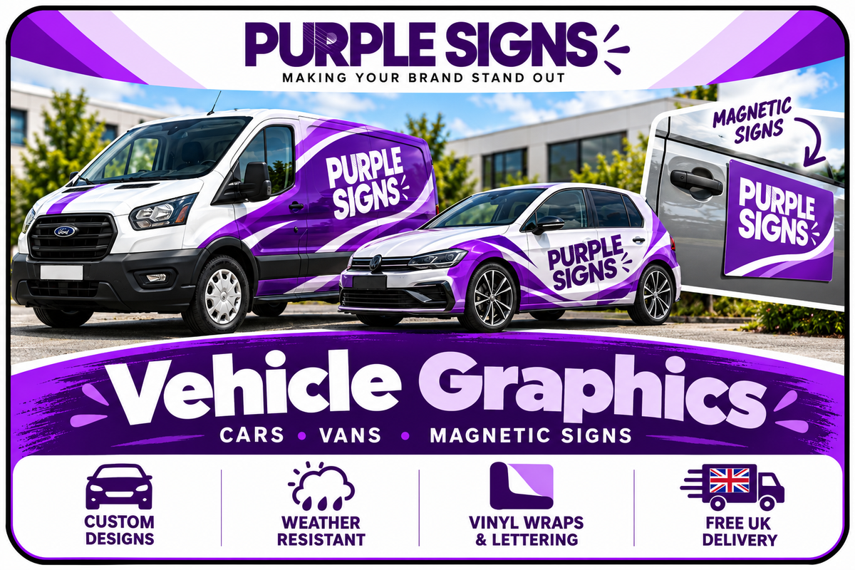 Purple Signs vehicle graphics showing cars, vans and magnetic signs