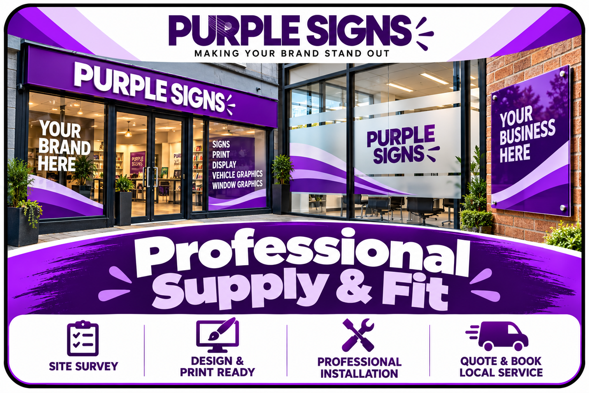 Professional business signage and window graphics supplied and fitted by Purple Signs